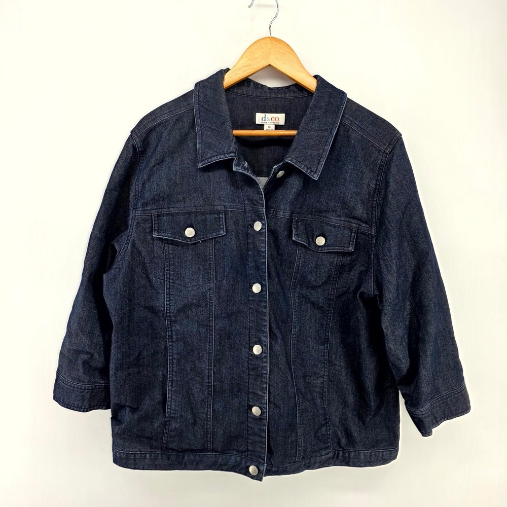 Denim & Co Jacket Womens XL Dark Wash Blue Stretch 3/4 Sleeve Button Trucker